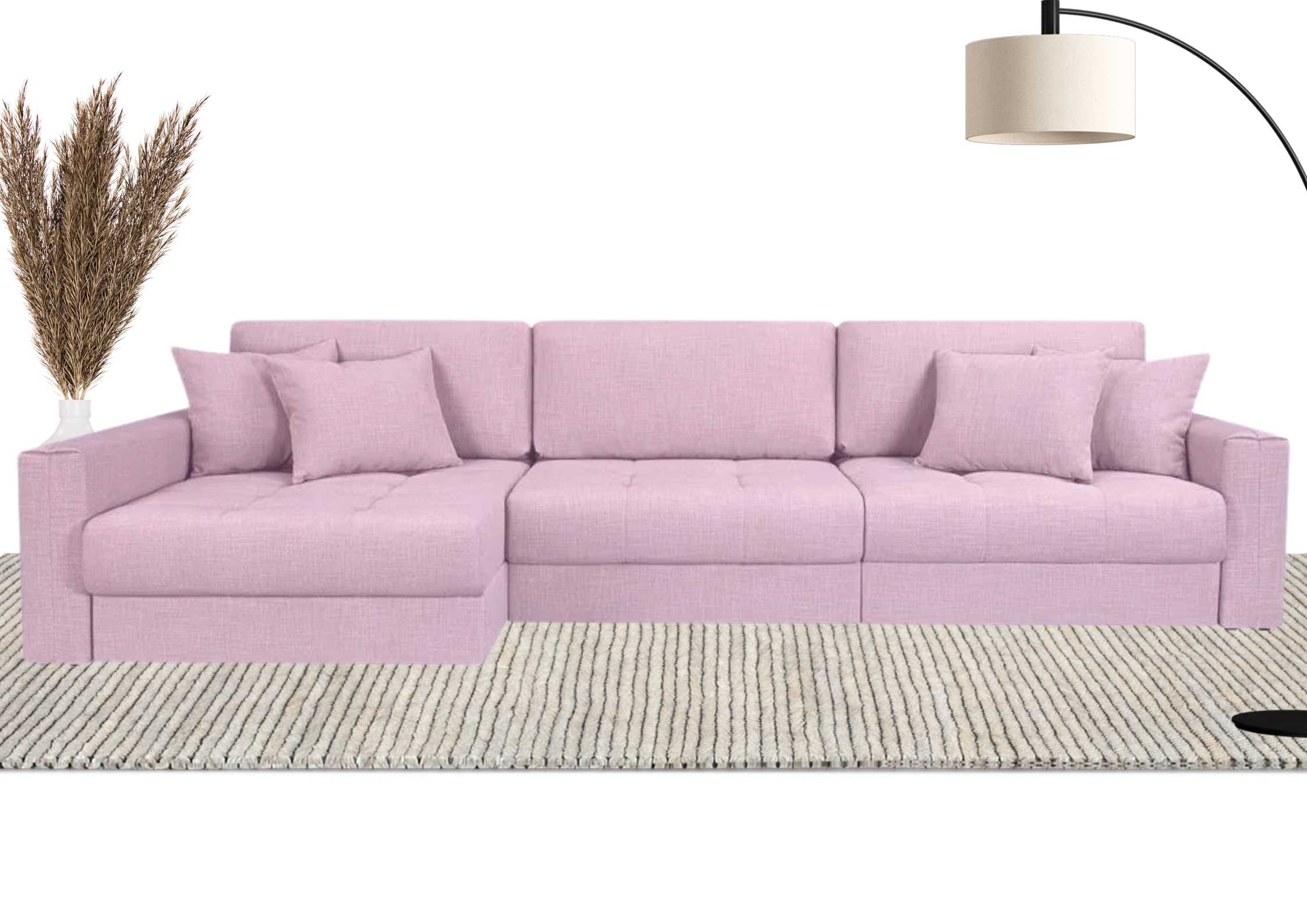 Różowy narożnik modułowy z pikowanym siedziskiem